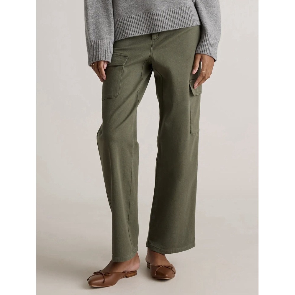 Quince Organic Stretch Cotton Twill Cargo Pants Womens 10 Green Loden Wide Leg - Picture 12 of 12